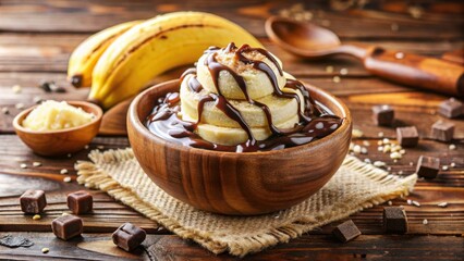Poster - A Delicious Dessert of Sliced Banana Drizzled with Rich Chocolate Sauce in a Wooden Bowl on a Rustic Table