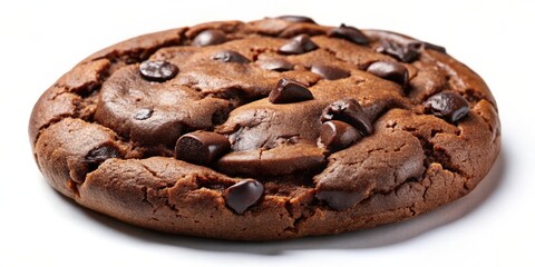 Poster - A single chocolate chip cookie with a rich brown color and a textured surface, showcasing a close-up view of the cookie's details