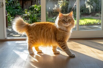 Fluffy orange cat standing on hardwood floor near window