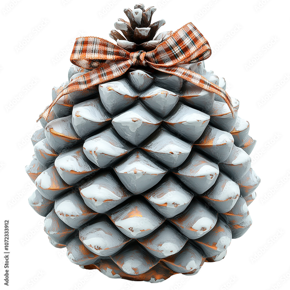 White painted pine cones tied with a checkered ribbon, rustic Christmas ...