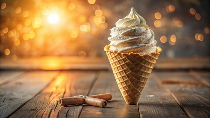 Poster - A crispy waffle cone filled with soft serve ice cream, resting on a rustic wooden surface with cinnamon sticks scattered nearby, all bathed in a warm golden light.