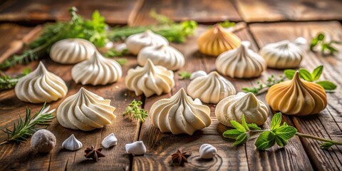 Aufkleber - Delicate swirls of homemade meringue cookies nestled among sprigs of fresh herbs on a rustic wooden surface