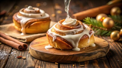 Poster - Close-up of a Cinnamon Roll Drizzled with Icing on a Wooden Cutting Board Surrounded by Holiday Decorations