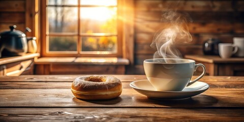 Poster - Warm, Steaming Coffee and a Glazed Doughnut on a Rustic Wooden Table with a Sunlit Window in the Background