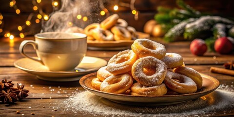 Poster - A warm cup of tea with a dusting of powdered sugar next to a stack of freshly fried donuts,  ready to be enjoyed on a cozy winter evening.