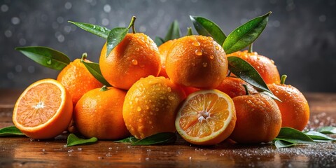 Aufkleber - A cluster of juicy, ripe oranges, glistening with dew drops, lie on a wooden table, their vibrant orange hues contrasting with the lush green leaves surrounding them.