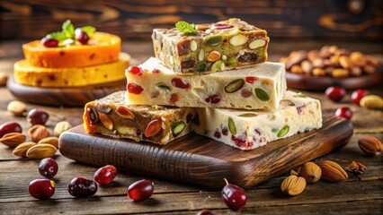Poster - Sweet and Savory Delights A Festive Medley of Candied Fruits, Nuts, and White Chocolate Bars on a Wooden Cutting Board