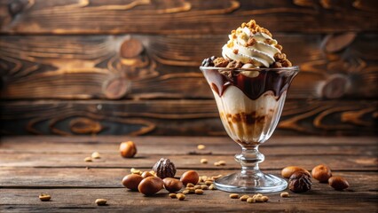 Poster - Decadent Dessert with Whipped Cream, Chocolate Sauce, and Toasted Nuts in a Glass Bowl on a Rustic Wooden Background