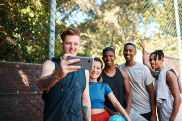 Wall Mural - Selfie, basketball and fitness with friends on court for sports training, health and workout club. Social media, photography and picture with people and outdoor for summer, wellness and teamwork