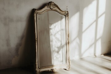 Wall Mural - An old mirror with a white frame standing up against a white wall