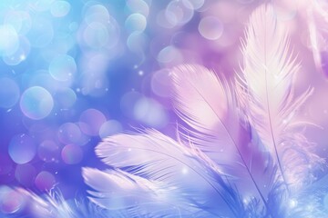 Poster - Delicate feathers create a dreamy, ethereal atmosphere against a pastel background with sparkling bokeh lights