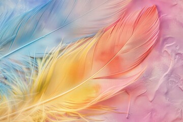 Poster - Pastel colored feathers arranged on a textured background, creating a delicate and artistic composition