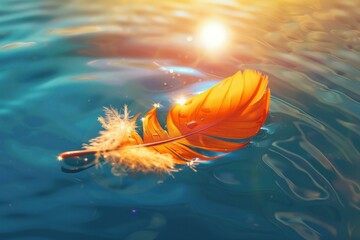Poster - Orange feather floats on gently rippling turquoise water at sunset, creating a serene and beautiful scene