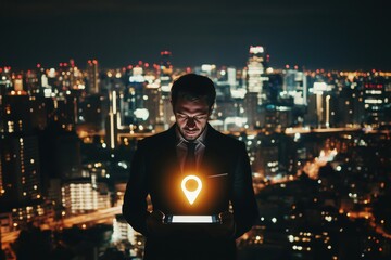 Poster - Businessman holding tablet with glowing location pin, city skyline at night