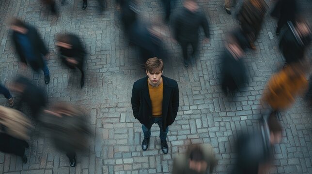 young man stands still amidst bustling crowd. passing people hurry up, solitude in busy urban enviro