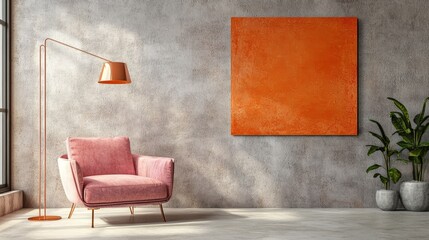 Poster - Cozy pink armchair with lamp and abstract artwork in modern, stylish interior space.