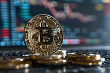 Poster - Golden bitcoin cryptocurrency coin against blurred trading chart background, digital money concept for financial technology and blockchain investment.