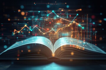 Poster - Open book with digital data visualization, glowing graphs and lines