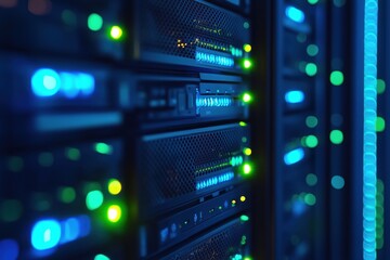 Poster - Data center servers illuminated with blue and green lights, showcasing technology