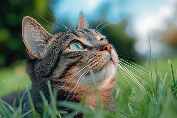 Wall Mural - Close-up Portrait of a Tabby Cat Looking Up in Grass