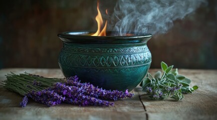 Antique Green Clay Cauldron with Flames Surrounded by Lavender and Sage