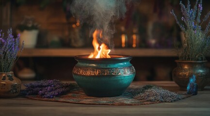 Antique Green Clay Cauldron with Flames Surrounded by Lavender and Sage