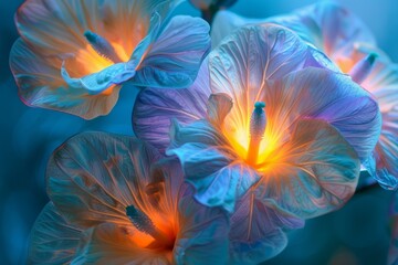 Poster - Close up of luminous blue flowers with glowing orange centers against a dark blue background