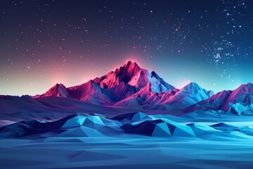Poster - Breathtaking low poly landscape featuring vibrant, geometric mountains bathed in the ethereal glow of a starry night sky
