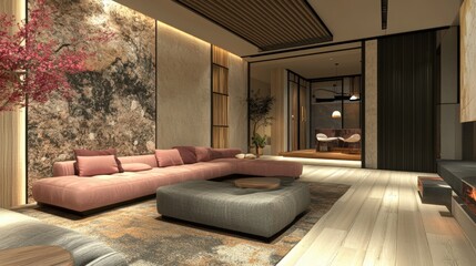 Modern interior design featuring a cozy living room with elegant decor and natural light.