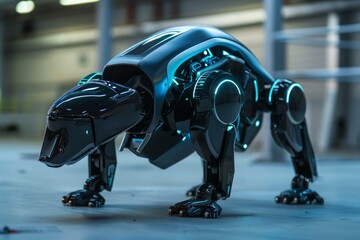 Poster - Sleek, black, four legged robot pausing in a modern industrial setting, showcasing advanced technology