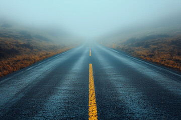 Canvas Print - Misty road stretching into the distance on a calm morning