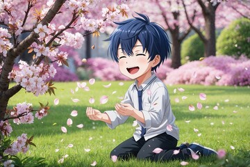 Charming Anime Boy Joyfully Playing with Petals in a Blooming Garden