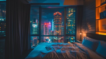 Wall Mural - Serene night view of a skyscraper with reflective glass amidst a vibrant cyberpunk cityscape