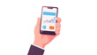 © Lion - Hand holding a cell phone with a screen showing a graph. The graph is showing a downward trend. Flat vector illustration isolated.