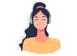 Wall Mural - Woman wearing headphones and smiling. She is wearing a yellow shirt. Flat vector illustration isolated.