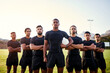 © peopleimages.com - Men, portrait or team with arms crossed in rugby on field for sport game, group or challenge. Ball, ready or serious athlete players in row for confidence, pride or tournament competition on stadium