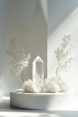 Aufkleber - 3D rendering of an abstract podium on a white background. Gemstone pedestal to showcase product design. Isolated crystals. 
