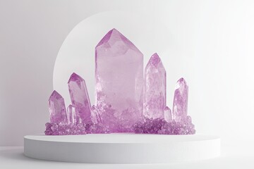 Aufkleber - 3D rendering of an abstract podium on a white background. Gemstone pedestal to showcase product design. Isolated crystals. 