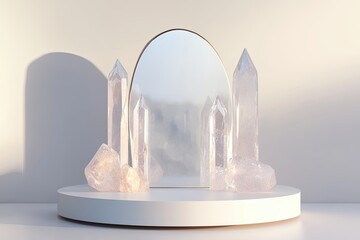 Aufkleber - 3D rendering of an abstract podium on a white background. Gemstone pedestal to showcase product design. Isolated crystals. 