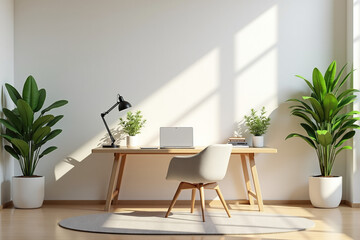 Wall Mural - Minimalist home office with potted plants and wooden decor