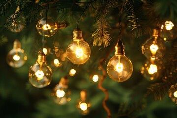 Poster - Warm light bulbs hanging from pine branches create a magical atmosphere