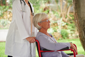 Wall Mural - Old woman, wheelchair or doctor walking in park for healthcare support or wellness at nursing home. Profile, senior patient or elderly person with a disability for care, fresh air or outdoor nature