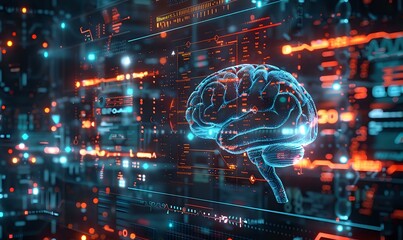 Poster - A glowing digital representation of a brain with vibrant blue neural connections and dynamic energy sparks, symbolizing innovation, intelligence, and technological advancement.