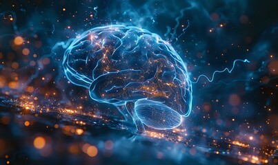 Poster - A glowing digital representation of a brain with vibrant blue neural connections and dynamic energy sparks, symbolizing innovation, intelligence, and technological advancement.