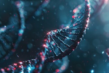 Poster - Glowing dna helix rotating in dark blue environment with red and blue particles