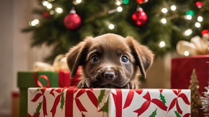 Wall Mural - dog with christmas gift