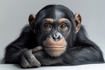 close-up portrait of a thoughtful chimpanzee against a neutral background