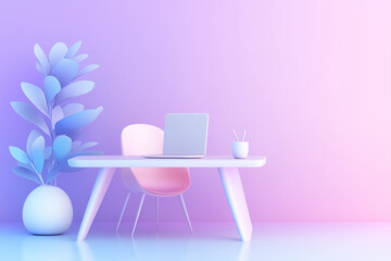 Poster - A cozy workspace showcases a laptop on a minimalist desk next to a vibrant plant under soothing pastel lighting