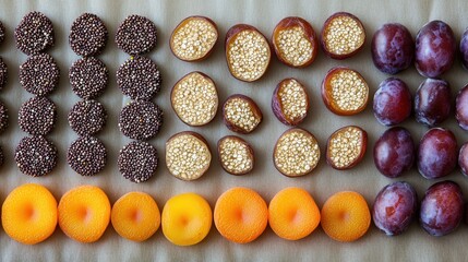 Wall Mural - Assortment of fresh fruits in orderly rows on textured background
