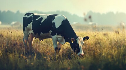 Sticker - Black and White Cow Grazing in a Field